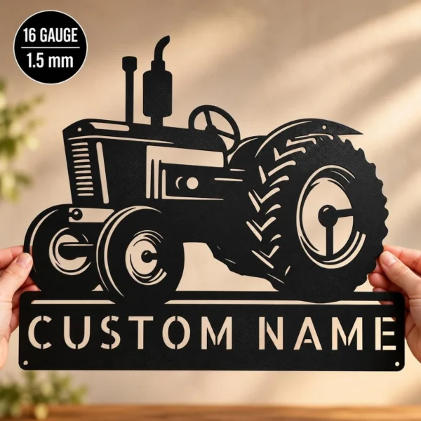 Custom tractor metal sign featuring a farm name or custom text, ideal for farmhouse wall decor, barns, garages, country yards, and rural homes.