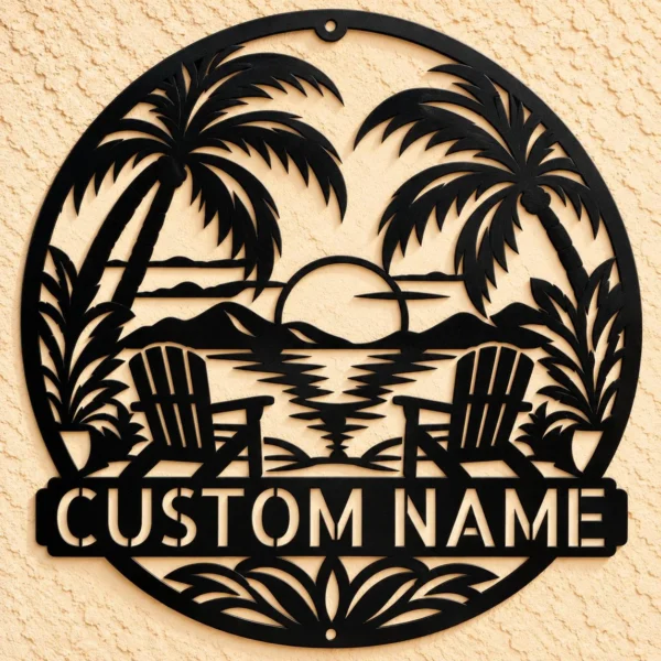 Custom Tropical Oasis Metal Sign Personalized Palm Tree Beach Wall Decor Custom tropical oasis metal sign personalized with beach house or family name, palm tree beach wall decor for patios, tiki bars, pool areas and coastal homes.