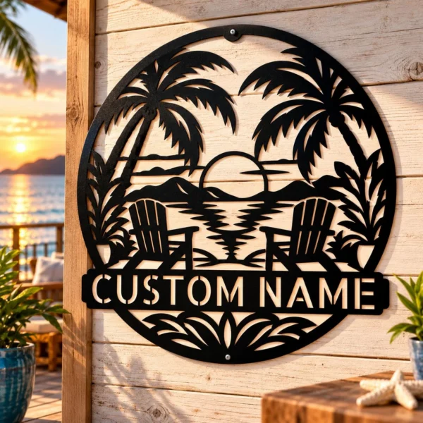 Custom Tropical Oasis Metal Sign Personalized Palm Tree Beach Wall Decor Custom tropical oasis metal sign personalized with beach house or family name, palm tree beach wall decor for patios, tiki bars, pool areas and coastal homes.