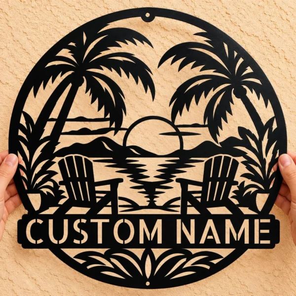 Custom Tropical Oasis Metal Sign Personalized Palm Tree Beach Wall Decor Custom tropical oasis metal sign personalized with beach house or family name, palm tree beach wall decor for patios, tiki bars, pool areas and coastal homes.