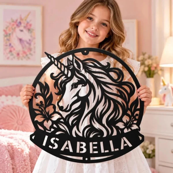 Custom Unicorn Metal Sign Personalized Girls Room Nursery Wall Decor Custom unicorn metal sign personalized with girl's name, magical unicorn wall art for baby nurseries, girls bedrooms, playrooms and unicorn lover gifts.