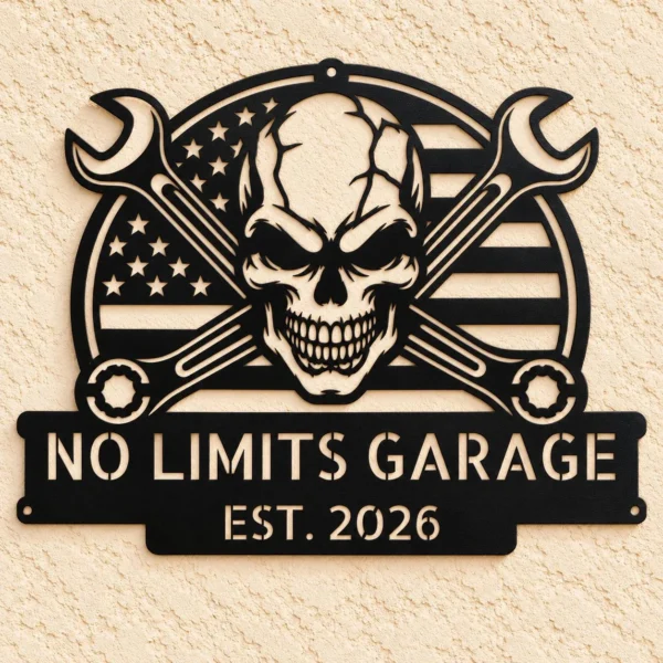Custom Us Skull Mechanic Metal Sign Personalized Garage Shop Wall Decor Custom US skull mechanic metal sign personalized with garage or mechanic name, American-inspired automotive wall decor for repair shops, garages and man caves.