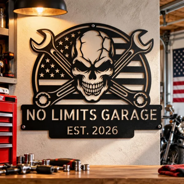 Custom Us Skull Mechanic Metal Sign Personalized Garage Shop Wall Decor Custom US skull mechanic metal sign personalized with garage or mechanic name, American-inspired automotive wall decor for repair shops, garages and man caves.