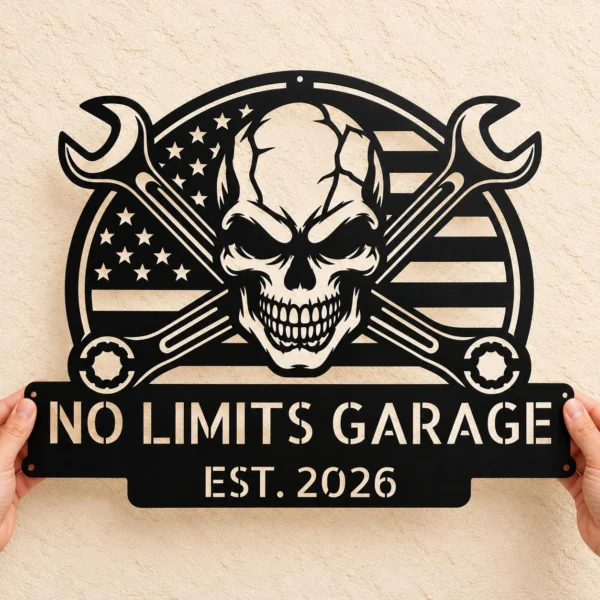 Custom Us Skull Mechanic Metal Sign Personalized Garage Shop Wall Decor Custom US skull mechanic metal sign personalized with garage or mechanic name, American-inspired automotive wall decor for repair shops, garages and man caves.