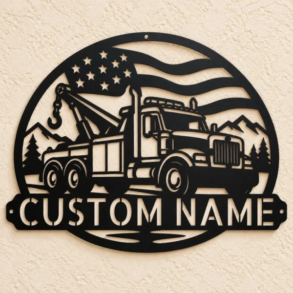 Custom Us Tow Truck Metal Sign Personalized Wrecker Towing Wall Decor Custom US tow truck metal sign personalized with towing company or driver name, American wrecker truck wall decor for garages, repair shops and towing gifts.