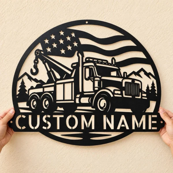 Custom Us Tow Truck Metal Sign Personalized Wrecker Towing Wall Decor Custom US tow truck metal sign personalized with towing company or driver name, American wrecker truck wall decor for garages, repair shops and towing gifts.