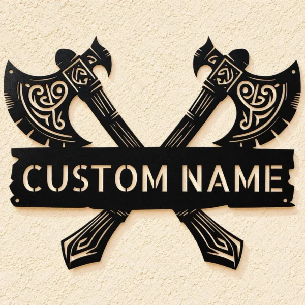 Custom Viking Axe Metal Sign Norse Wall Art Decor Custom Viking axe metal sign in 16 gauge steel for Norse wall decor, personalized Viking art plaque for cabins, man caves, and history lovers.