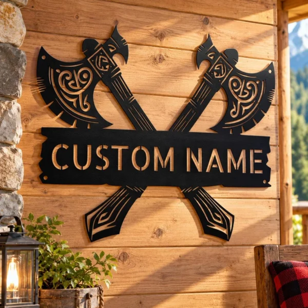 Custom Viking Axe Metal Sign Norse Wall Art Decor Custom Viking axe metal sign in 16 gauge steel for Norse wall decor, personalized Viking art plaque for cabins, man caves, and history lovers.