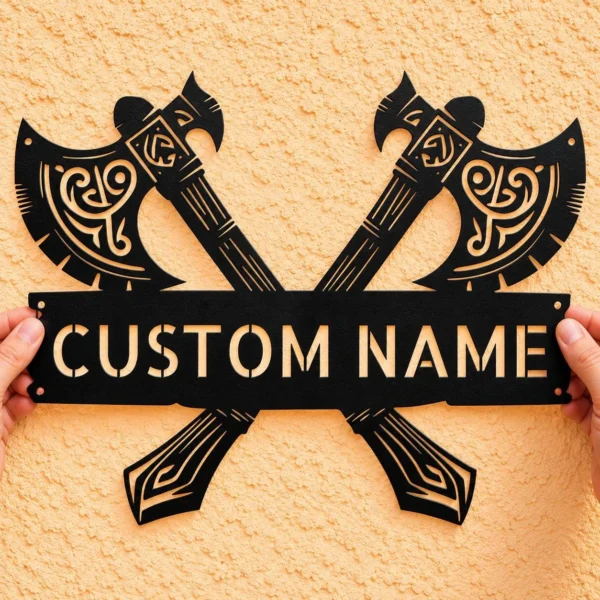 Custom Viking Axe Metal Sign Norse Wall Art Decor Custom Viking axe metal sign in 16 gauge steel for Norse wall decor, personalized Viking art plaque for cabins, man caves, and history lovers.