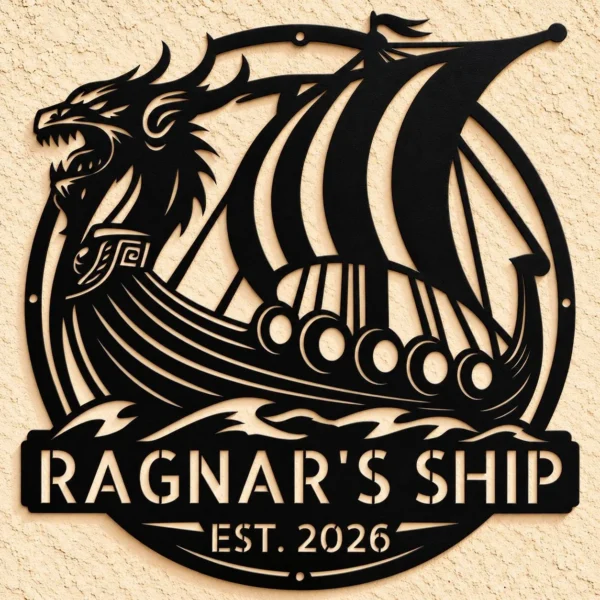 Custom Viking Ship Metal Sign Personalized Norse Totem Wall Art Decor Gift Custom Viking ship metal sign in 16 gauge steel with personalized name for Norse wall decor, Viking fan, man cave, cabin, office and gift art.