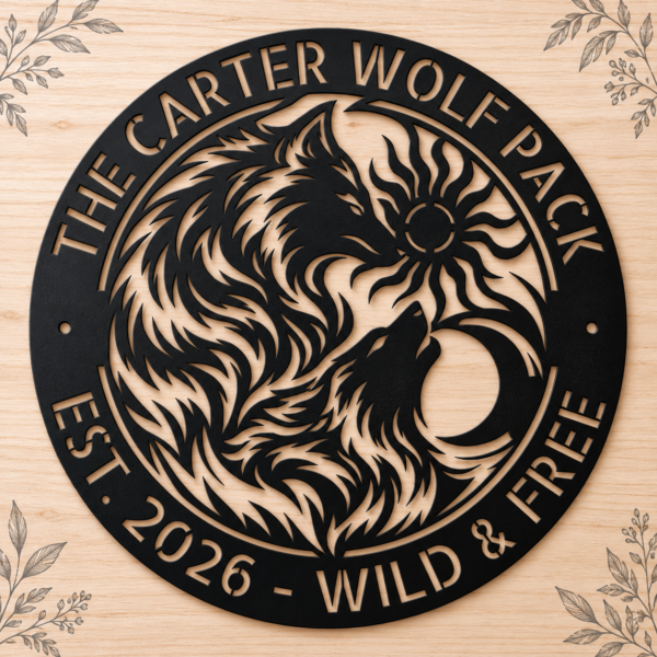 Custom Viking Wolves Metal Sign Personalized Norse Sun Moon Wall Decor Custom Viking wolves metal sign personalized with names, featuring Norse-inspired wolves with sun and moon wall decor for Viking and Nordic decor lovers.
