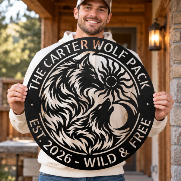Custom Viking Wolves Metal Sign Personalized Norse Sun Moon Wall Decor Custom Viking wolves metal sign personalized with names, featuring Norse-inspired wolves with sun and moon wall decor for Viking and Nordic decor lovers.