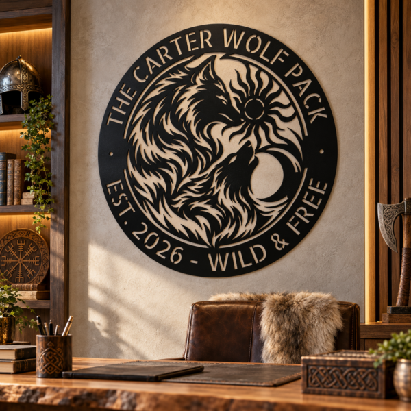 Custom Viking Wolves Metal Sign Personalized Norse Sun Moon Wall Decor Custom Viking wolves metal sign personalized with names, featuring Norse-inspired wolves with sun and moon wall decor for Viking and Nordic decor lovers.