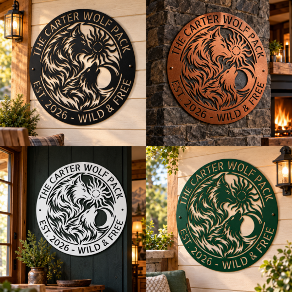 Custom Viking Wolves Metal Sign Personalized Norse Sun Moon Wall Decor Custom Viking wolves metal sign personalized with names, featuring Norse-inspired wolves with sun and moon wall decor for Viking and Nordic decor lovers.