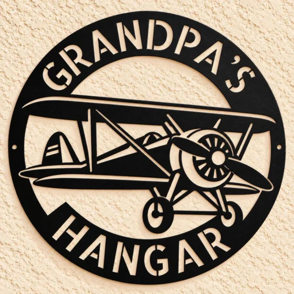 Custom Vintage Biplane Metal Sign Personalized Grandpa Hangar Pilot Decor Custom vintage biplane metal sign personalized with Grandpa or pilot name, classic airplane wall decor for hangars, garages, aviation offices and pilot gifts.