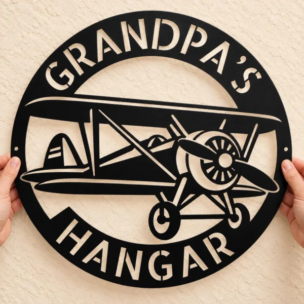 Custom Vintage Biplane Metal Sign Personalized Grandpa Hangar Pilot Decor Custom vintage biplane metal sign personalized with Grandpa or pilot name, classic airplane wall decor for hangars, garages, aviation offices and pilot gifts.