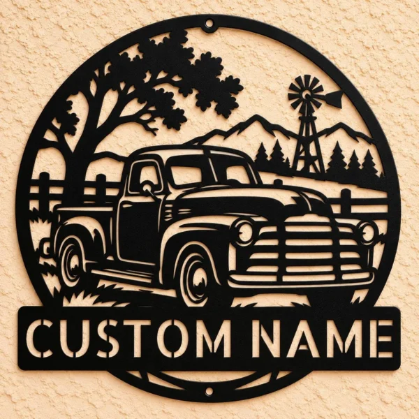 Custom Vintage Pickup Truck Metal Sign Personalized Farm Ranch Wall Decor Custom vintage pickup truck metal sign personalized with farm or ranch name, rustic classic truck wall decor for barns, garages, farmhouses and country homes.