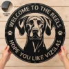 Custom Vizsla dog metal sign featuring a pet name, with laser-cut dog wall art for Vizsla lovers, homes, patios, kennels, and pet-themed decor.