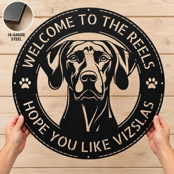 Custom Vizsla Dog Metal Sign Personalized Pet Name Wall Decor Custom Vizsla dog metal sign featuring a pet name, with laser-cut dog wall art for Vizsla lovers, homes, patios, kennels, and pet-themed decor.