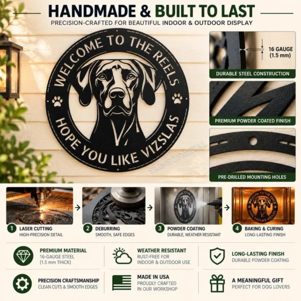 Custom Vizsla dog metal sign featuring a pet name, with laser-cut dog wall art for Vizsla lovers, homes, patios, kennels, and pet-themed decor.