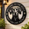Custom Vizsla dog metal sign featuring a pet name, with laser-cut dog wall art for Vizsla lovers, homes, patios, kennels, and pet-themed decor.