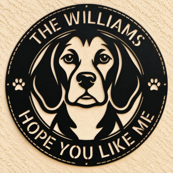 Personalized Beagle metal dog sign in 16 gauge steel for pet wall decor, custom family name plaque for home and dog lover gift art.