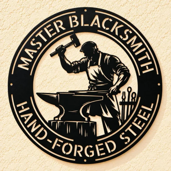 Personalized Blacksmith Metal Sign in 16 gauge steel for forge workshop wall decor, custom metalworker plaque and industrial craft gift.