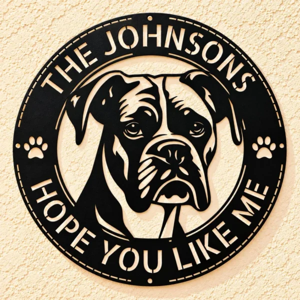 Personalized Boxer Dog Metal Art Sign Custom Family Name Decor Personalized Boxer Dog Metal Art Sign in 16 gauge steel for welcome wall decor, custom family name plaque for home, porch and dog lover gift art.
