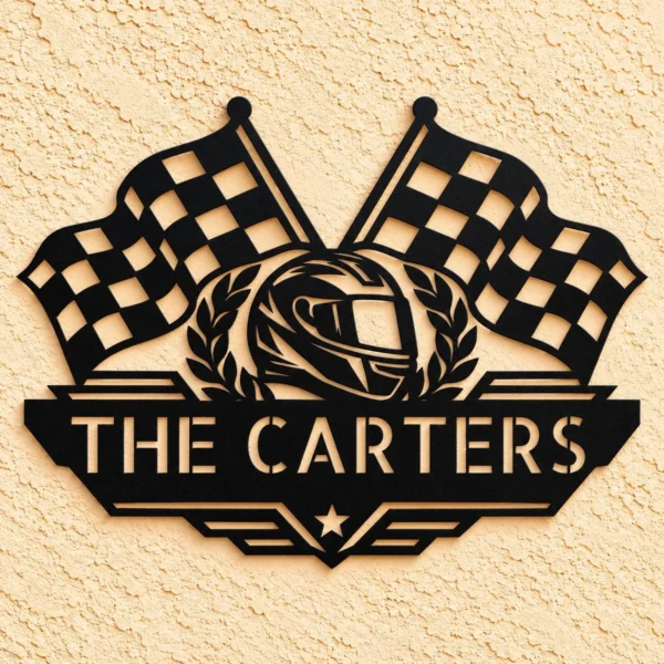 Personalized Checkered Flag Metal Sign in 16 gauge steel for racing wall decor, custom garage plaque for car lovers and motorsport fans.