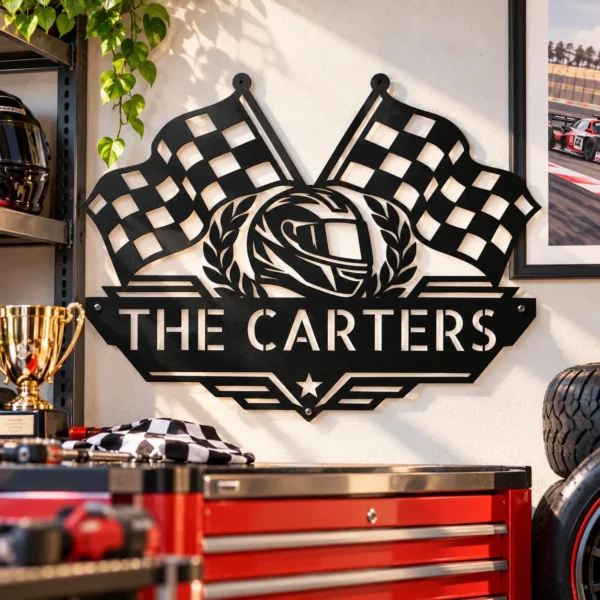 Personalized Checkered Flag Metal Sign in 16 gauge steel for racing wall decor, custom garage plaque for car lovers and motorsport fans.