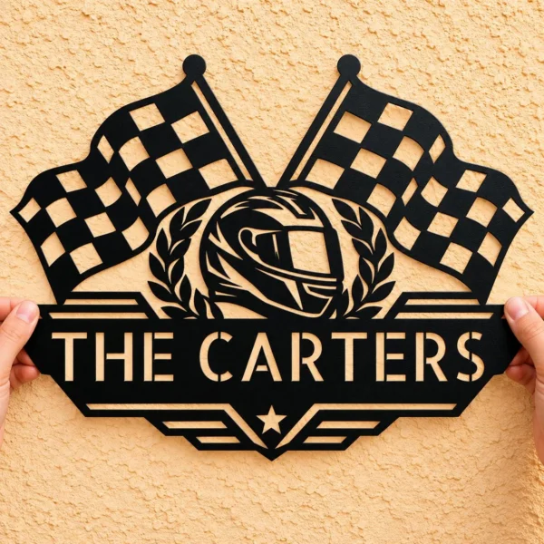 Personalized Checkered Flag Metal Sign in 16 gauge steel for racing wall decor, custom garage plaque for car lovers and motorsport fans.