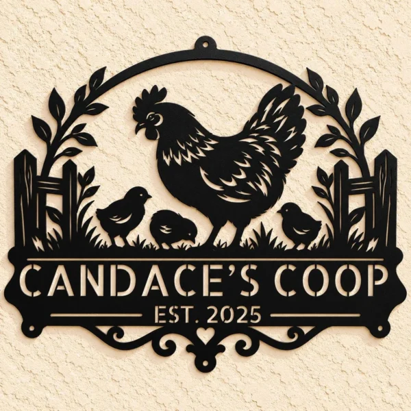 Personalized Chicken Coop Metal Sign Custom Farmhouse Decor Personalized Chicken Coop Metal Sign in 16 gauge steel for farmhouse wall decor, custom poultry plaque for coop, barn and rustic gift art.