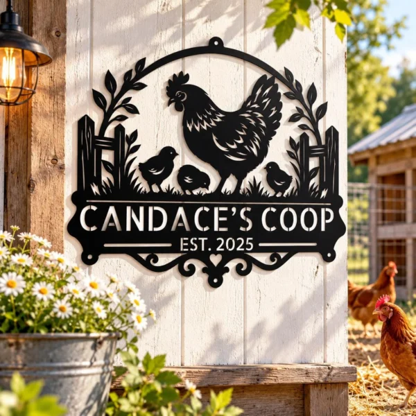 Personalized Chicken Coop Metal Sign in 16 gauge steel for farmhouse wall decor, custom poultry plaque for coop, barn and rustic gift art.