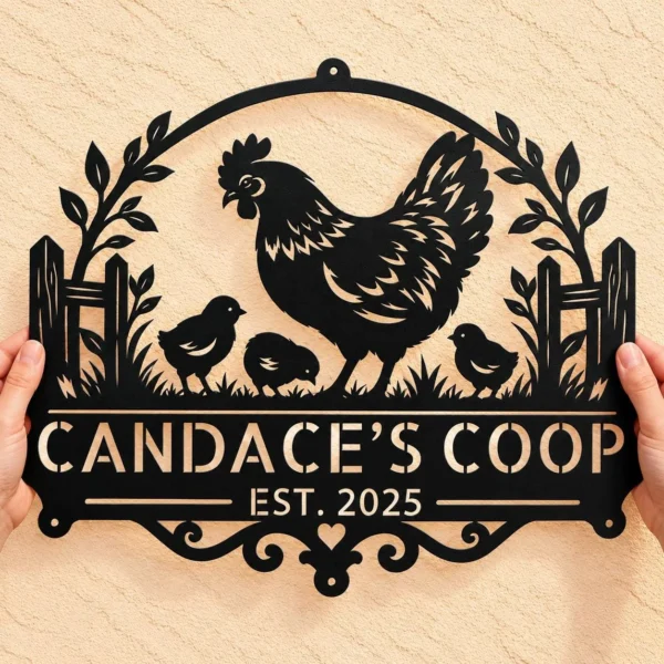 Personalized Chicken Coop Metal Sign in 16 gauge steel for farmhouse wall decor, custom poultry plaque for coop, barn and rustic gift art.