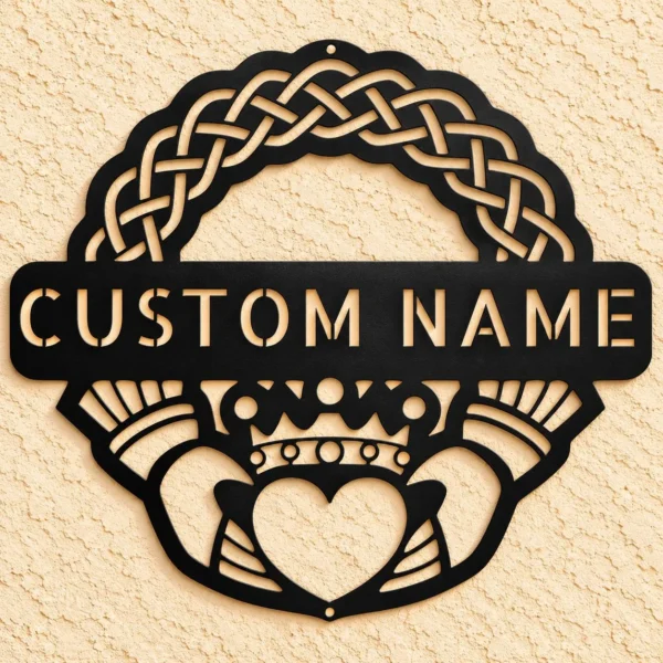 Personalized Claddagh crest metal sign in 16 gauge steel for Irish wall decor, custom wedding anniversary plaque and romantic home gift.