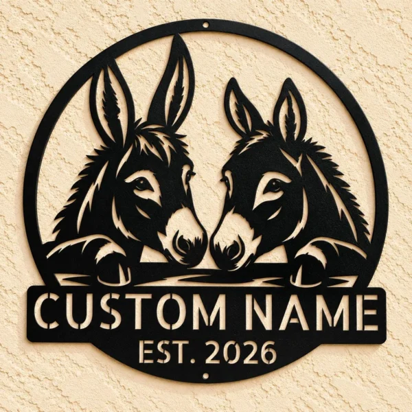 Personalized Couple Donkeys Metal Sign Custom Farm Decor Personalized couple donkeys metal sign in 16 gauge steel for farm wall decor, custom animal plaque for barn, farmhouse and gift art.