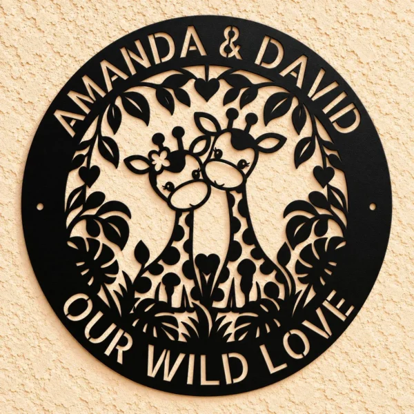 Personalized Couple Giraffe Metal Sign Custom Name Safari Nursery Wall Art Personalized couple giraffe metal sign in 16 gauge steel with custom name for safari nursery wall decor, kids room, wildlife home and baby shower gift.