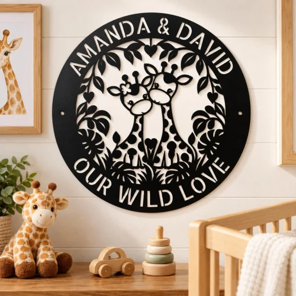 Personalized Couple Giraffe Metal Sign Custom Name Safari Nursery Wall Art Personalized couple giraffe metal sign in 16 gauge steel with custom name for safari nursery wall decor, kids room, wildlife home and baby shower gift.