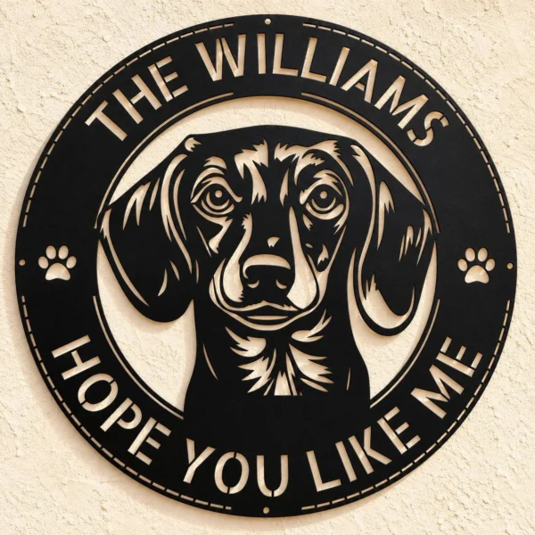 Personalized Dachshund dog metal sign in 16 gauge steel for welcome wall decor, custom family name pet lover plaque and home gift art.