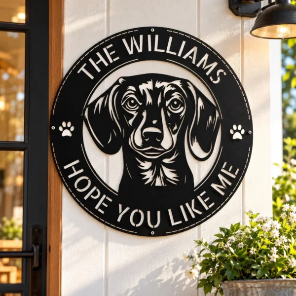 Personalized Dachshund Dog Metal Sign Custom Family Welcome Decor Personalized Dachshund dog metal sign in 16 gauge steel for welcome wall decor, custom family name pet lover plaque and home gift art.