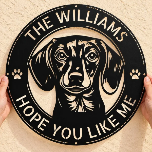 Personalized Dachshund Dog Metal Sign Custom Family Welcome Decor Personalized Dachshund dog metal sign in 16 gauge steel for welcome wall decor, custom family name pet lover plaque and home gift art.