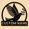 Personalized dove bird metal sign in 16 gauge steel for laser-cut wall decor, custom home plaque for bird lovers, memorial and gift art.
