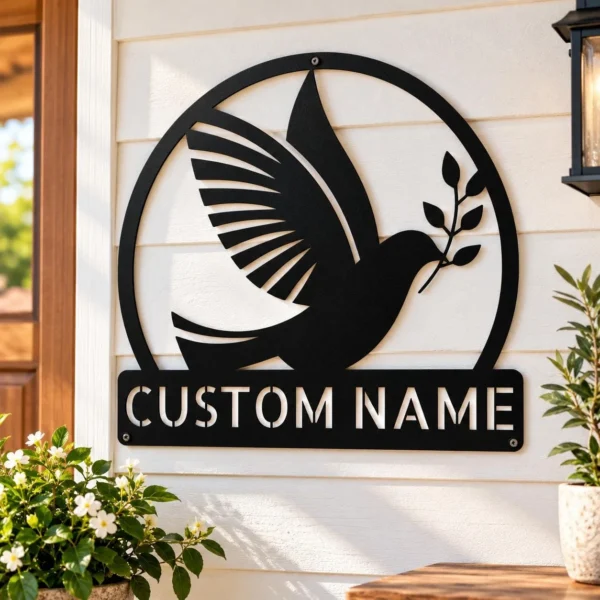 Personalized dove bird metal sign in 16 gauge steel for laser-cut wall decor, custom home plaque for bird lovers, memorial and gift art.