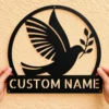Personalized dove bird metal sign in 16 gauge steel for laser-cut wall decor, custom home plaque for bird lovers, memorial and gift art.