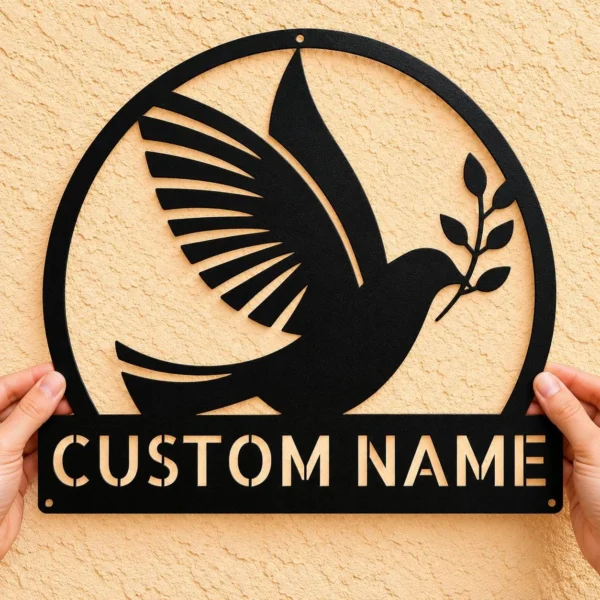 Personalized dove bird metal sign in 16 gauge steel for laser-cut wall decor, custom home plaque for bird lovers, memorial and gift art.