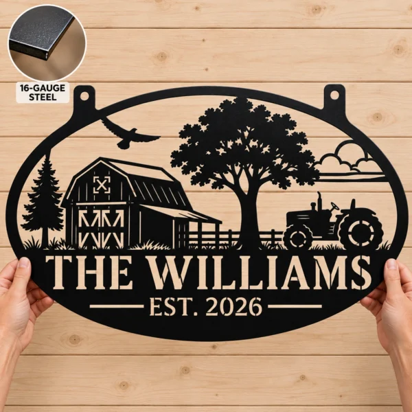 Personalized farmhouse metal sign featuring a tractor design and custom name options, ideal for barn walls, farm garages, workshops, and rustic country decor.