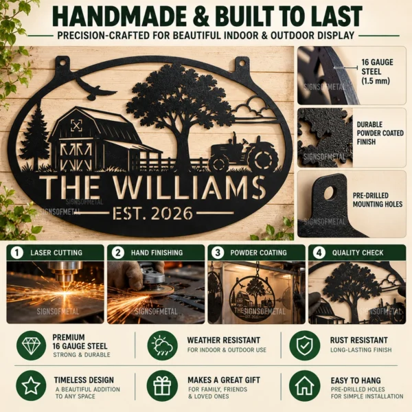 Personalized Farmhouse Metal Sign Custom Tractor Barn Wall Decor Personalized farmhouse metal sign featuring a tractor design and custom name options, ideal for barn walls, farm garages, workshops, and rustic country decor.