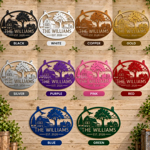 Personalized Farmhouse Metal Sign Custom Tractor Barn Wall Decor Personalized farmhouse metal sign featuring a tractor design and custom name options, ideal for barn walls, farm garages, workshops, and rustic country decor.