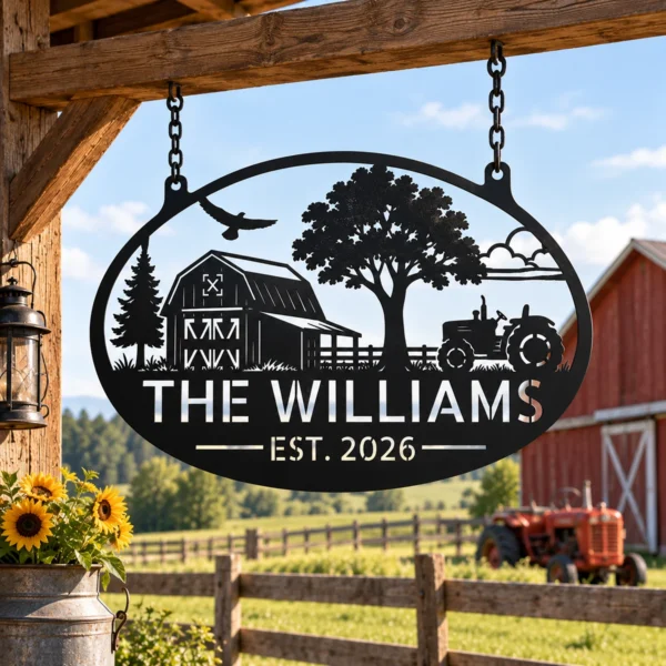 Personalized Farmhouse Metal Sign Custom Tractor Barn Wall Decor Personalized farmhouse metal sign featuring a tractor design and custom name options, ideal for barn walls, farm garages, workshops, and rustic country decor.