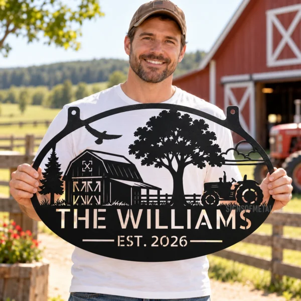 Personalized Farmhouse Metal Sign Custom Tractor Barn Wall Decor Personalized farmhouse metal sign featuring a tractor design and custom name options, ideal for barn walls, farm garages, workshops, and rustic country decor.